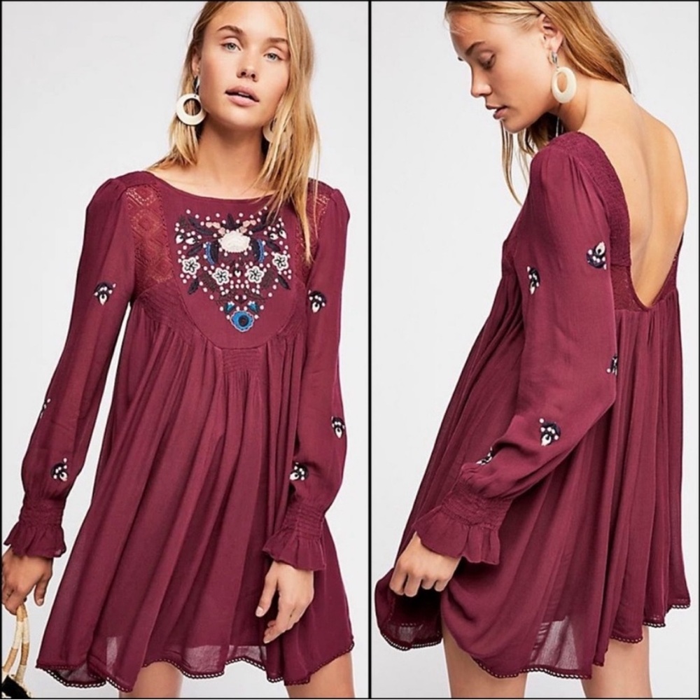 FREE PEOPLE Plum Moya Embroidered Mini Dress Womens Small NWT